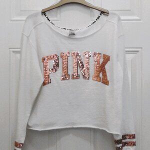 Victoria's secret Pink- rose gold bling and white crop top long sleeve - sz., XS